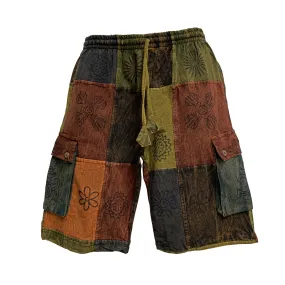 Bohemian Ethnic Printed Rustic Patchwork Five Pockets Unisex Stonewashed Cotton Handmade Cargo Shorts