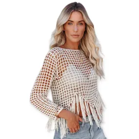 Boho Beige Crochet Tassel Trim Crop Top