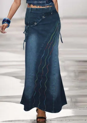 Boho Blue Embroideried Patchwork Denim Skirts Summer LY4028