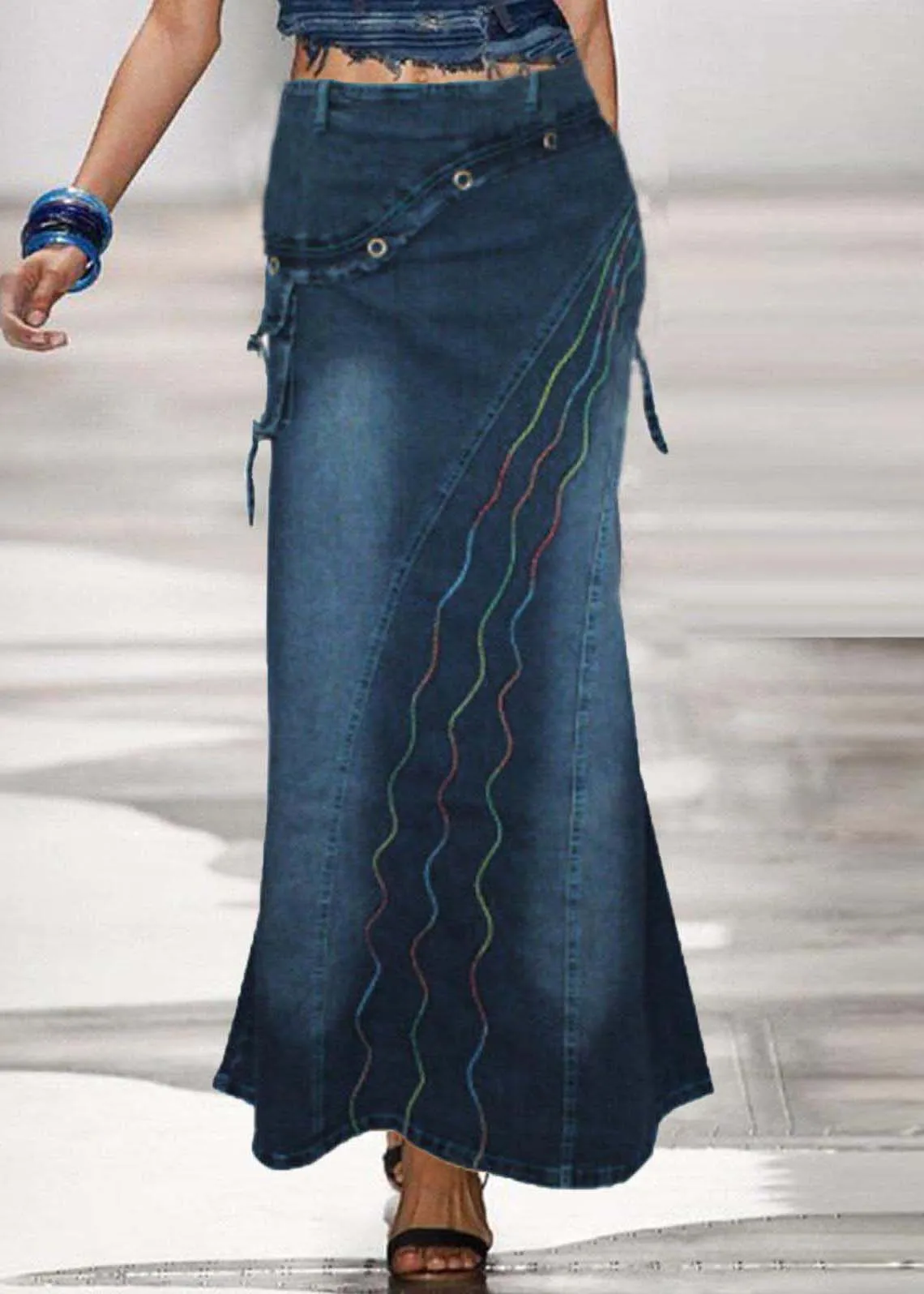 Boho Blue Embroideried Patchwork Denim Skirts Summer LY4028