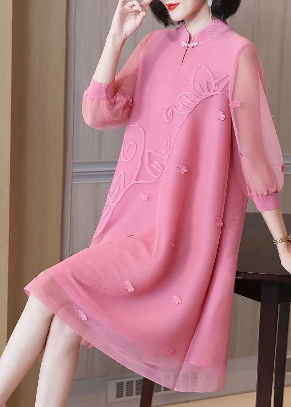 Boho Pink Mandarin Collar Patchwork Floral Maxi Dresses Summer LY2783