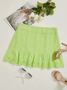 Boho Plain Eyelet Embroidery Natural Short Women Skirt
