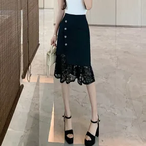 Bonnyshow High Waist Pencil Skirt Women New Arrival   Spring Korean Style Patchwork Lace Office Lady Elegant Knee-length Skirts W1548