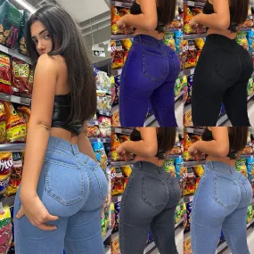 Bonnyshow New Stretch Skinny Denim Women's Jeans Mid Waist Pants Blue Retro Washed Elastic Slim Pencil Trousers