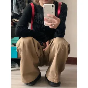 Bonnyshow Y2k Vintage Brown Woman's Cargo Jeans Oversize Japanese 2000s Style Spring Trousers Harajuku Korean Wide Denim Pants