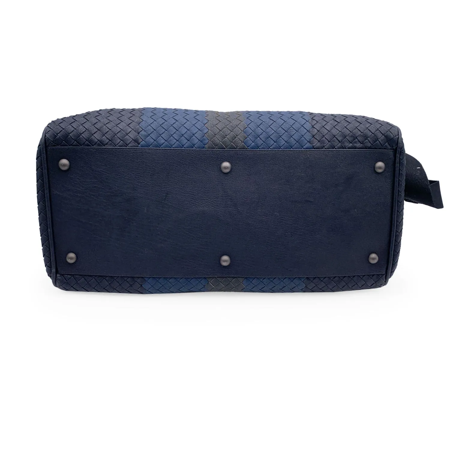 Bottega Veneta Black Blue Intrecciato Leather Duffel Bag with Strap