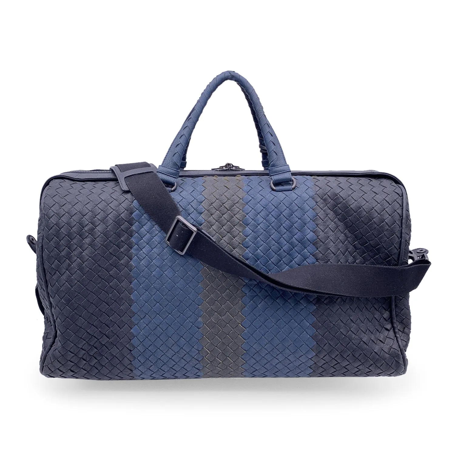 Bottega Veneta Black Blue Intrecciato Leather Duffel Bag with Strap