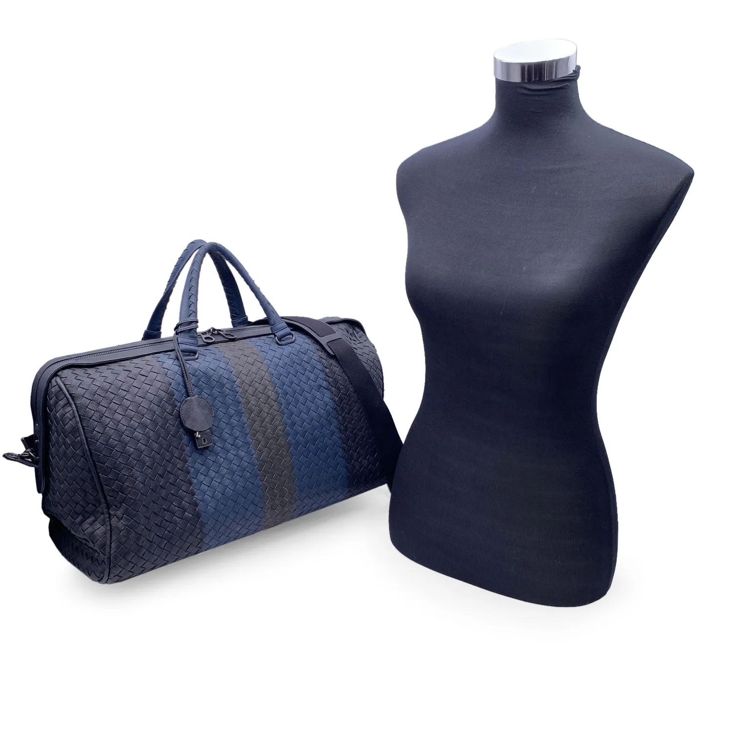 Bottega Veneta Black Blue Intrecciato Leather Duffel Bag with Strap
