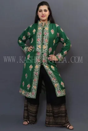 Bottle Green Colour Kashmiri Aari Work Embroidered Jacket With Beautiful Border And All over Motifs.