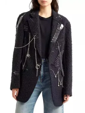 Boucle Wool Tweed Pin and Chain Embellished Jacket