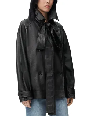 Bow-Detail Black Genuine Leather Double-Breasted Jacket