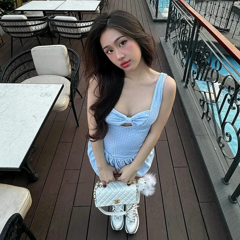Bow Lace Up Backless Hollow Suspender Sweet Ball Gown Party Club Mini Dress
