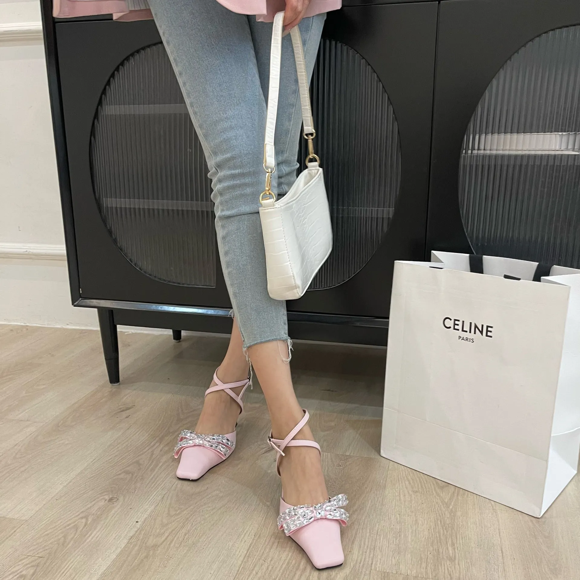Bow Rhinestone Square Toe Ankle Strap Heels