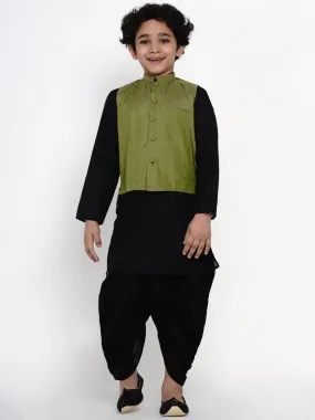 Boys Black & Green Solid Kurta with Dhoti Pants & Nehru Jacket