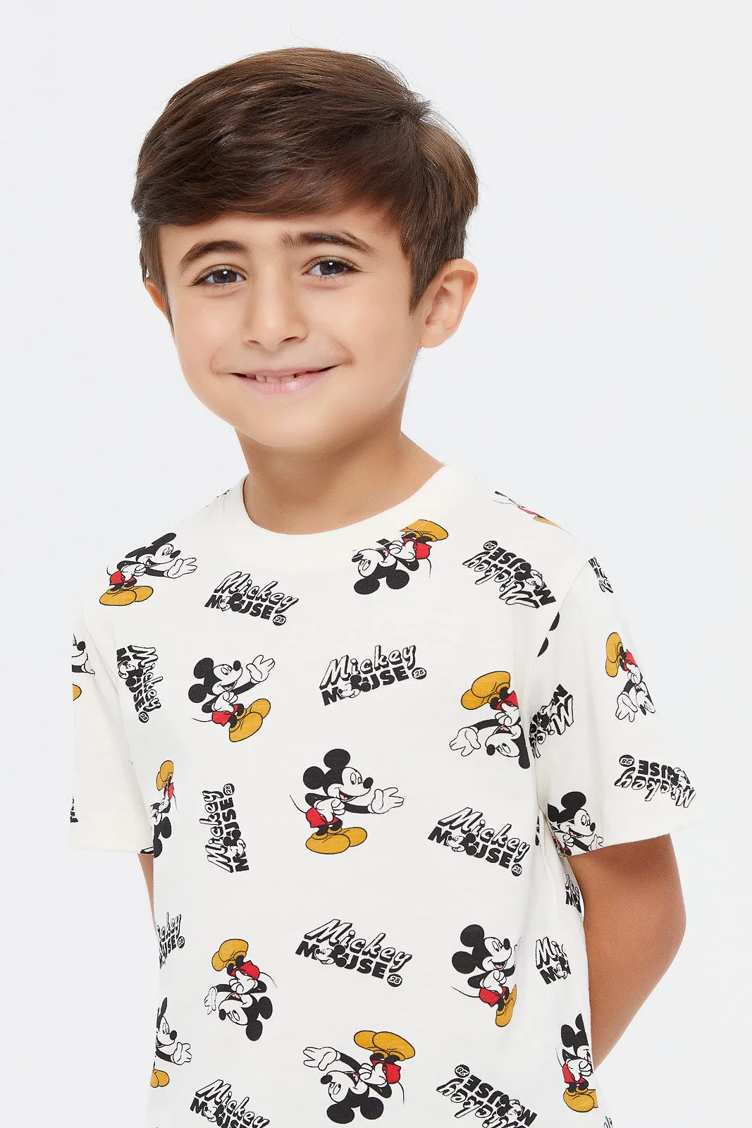 Boys White And Mustard Mickey Mouse T-Shirt Set (2 Piece)