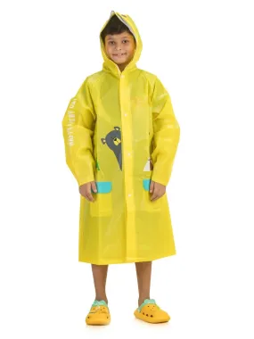Boys' Yellow Adventure Raincoat with Bear Hood and Playful Prints