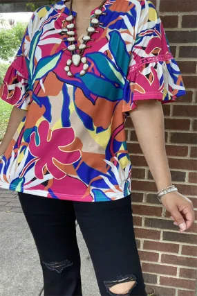 BQ15684 Multi color printed short sleeve/stripe lace&ruffle V-neckline women tops
