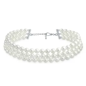 Bridal Necklace Hand Knotted 3-Row Grey Pink White Pearl Strand Choker Collar