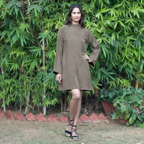 Bronze Grey Warm Cotton Corduroy A-Line Short Dress