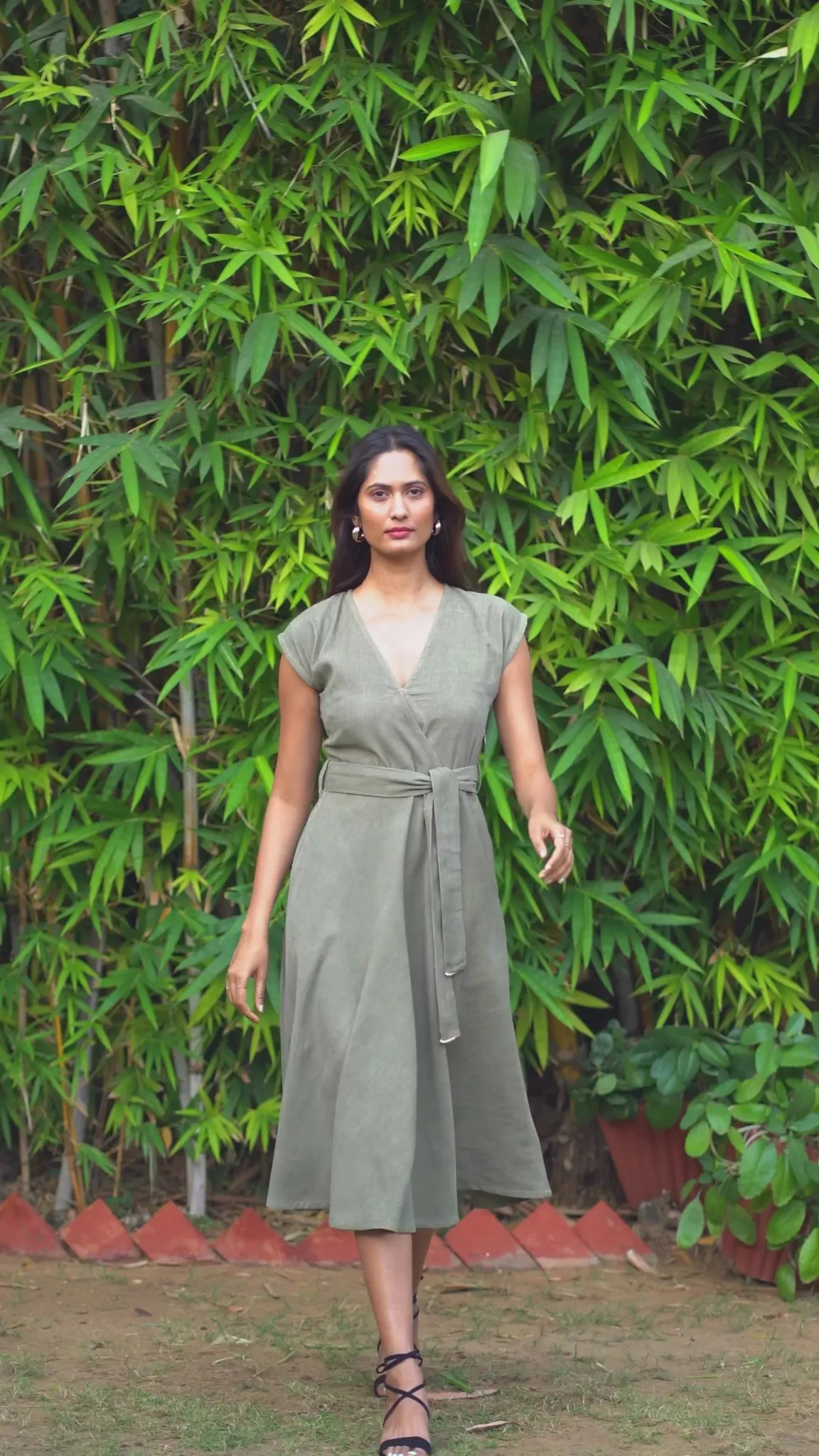 Bronze Grey Warm Cotton Corduroy V-Neck Fit and Flare Midi Dress
