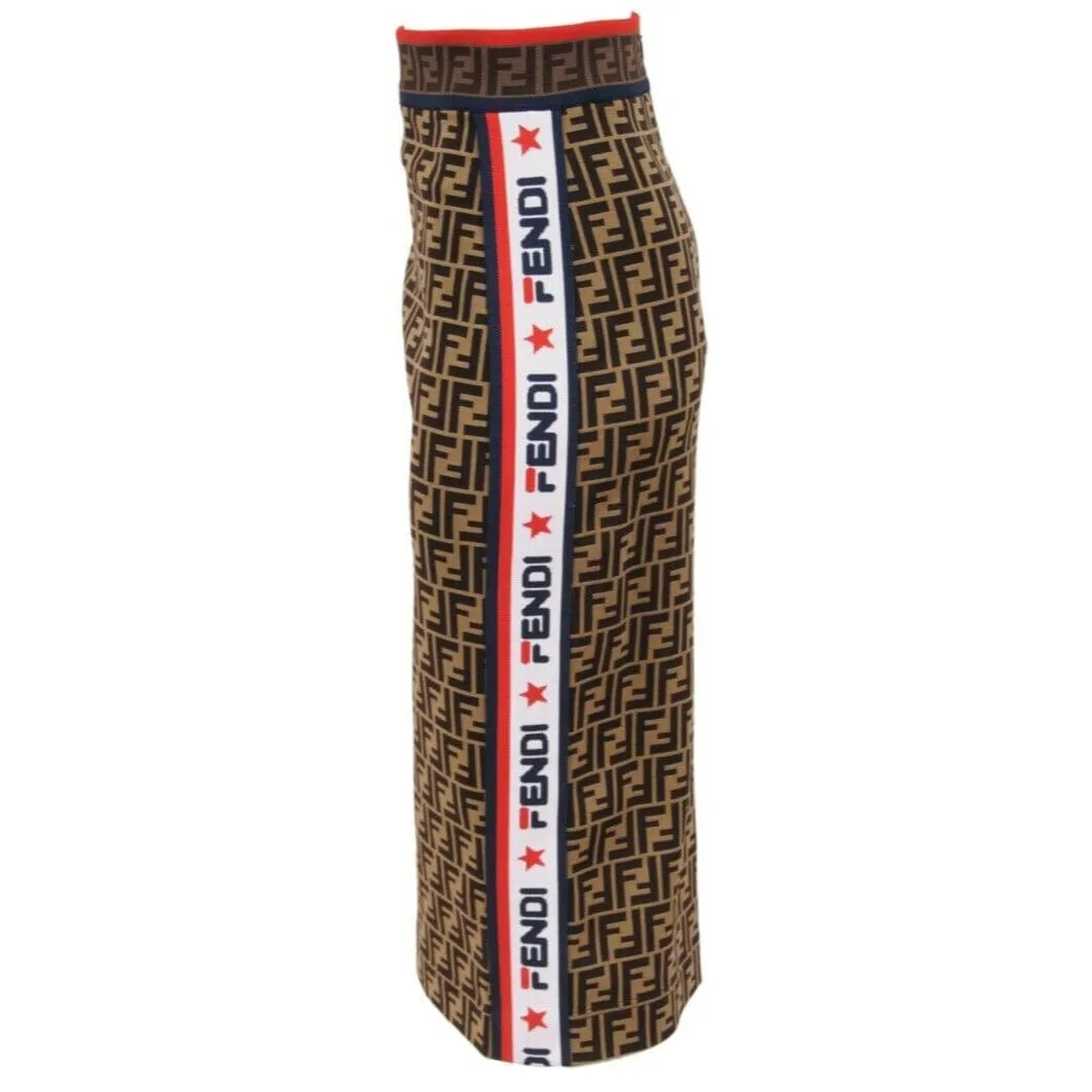 Brown FF Logo Print Midi Pencil Skirt
