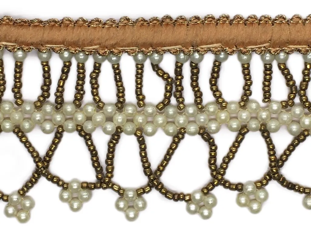 Brown Golden Pearl Beads Fringe Designer Lace