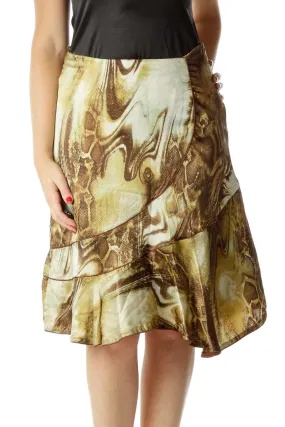 Brown Green Print Flared Skirt