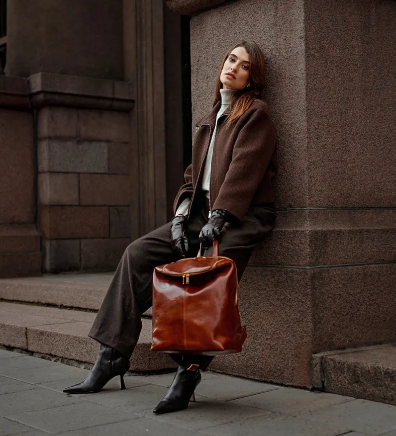 Brown Leather Backpack For Women - A Bend in the River Cognac