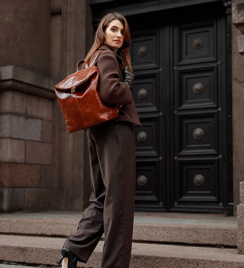 Brown Leather Backpack For Women - A Bend in the River Cognac
