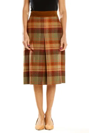 Brown Plaid Wool Midi Skirt