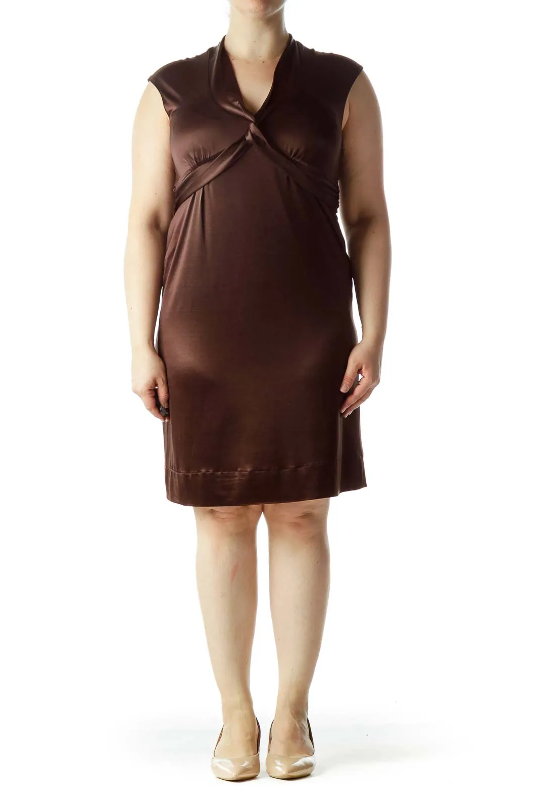 Brown Sleeveless V-Neck Wrap Dress