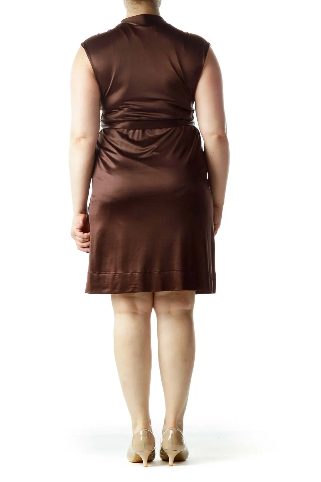 Brown Sleeveless V-Neck Wrap Dress