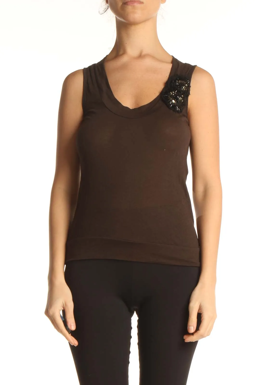 Brown Solid Casual Tank Top With Beaded Floral Detail On Strap