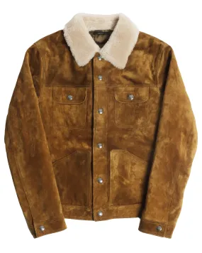 Brown Suede Shearling Trimmed Trucker Jacket