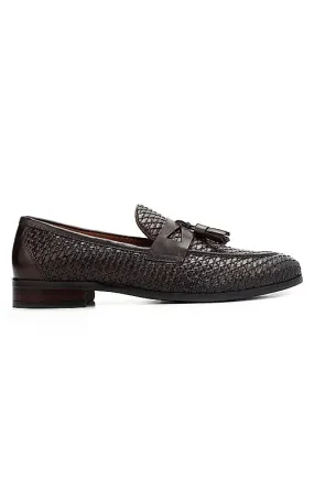 Brown Textured Loafers With Tassels