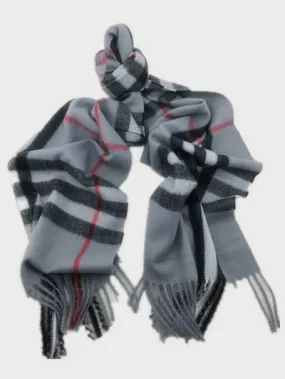 Burberry Look Plaid Wool Blend Very Soft Fringe Scarf Grey