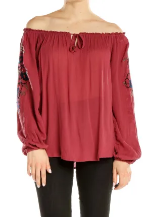 Burgundy Floral Embroidered Off-Shoulder Top