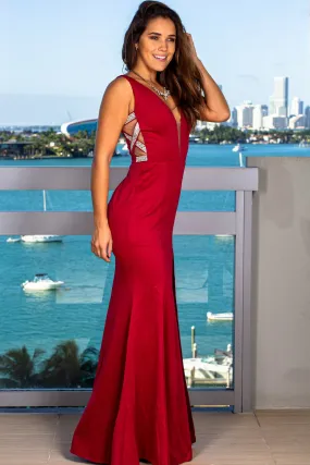 Burgundy Maxi Dress with Jewel Detail