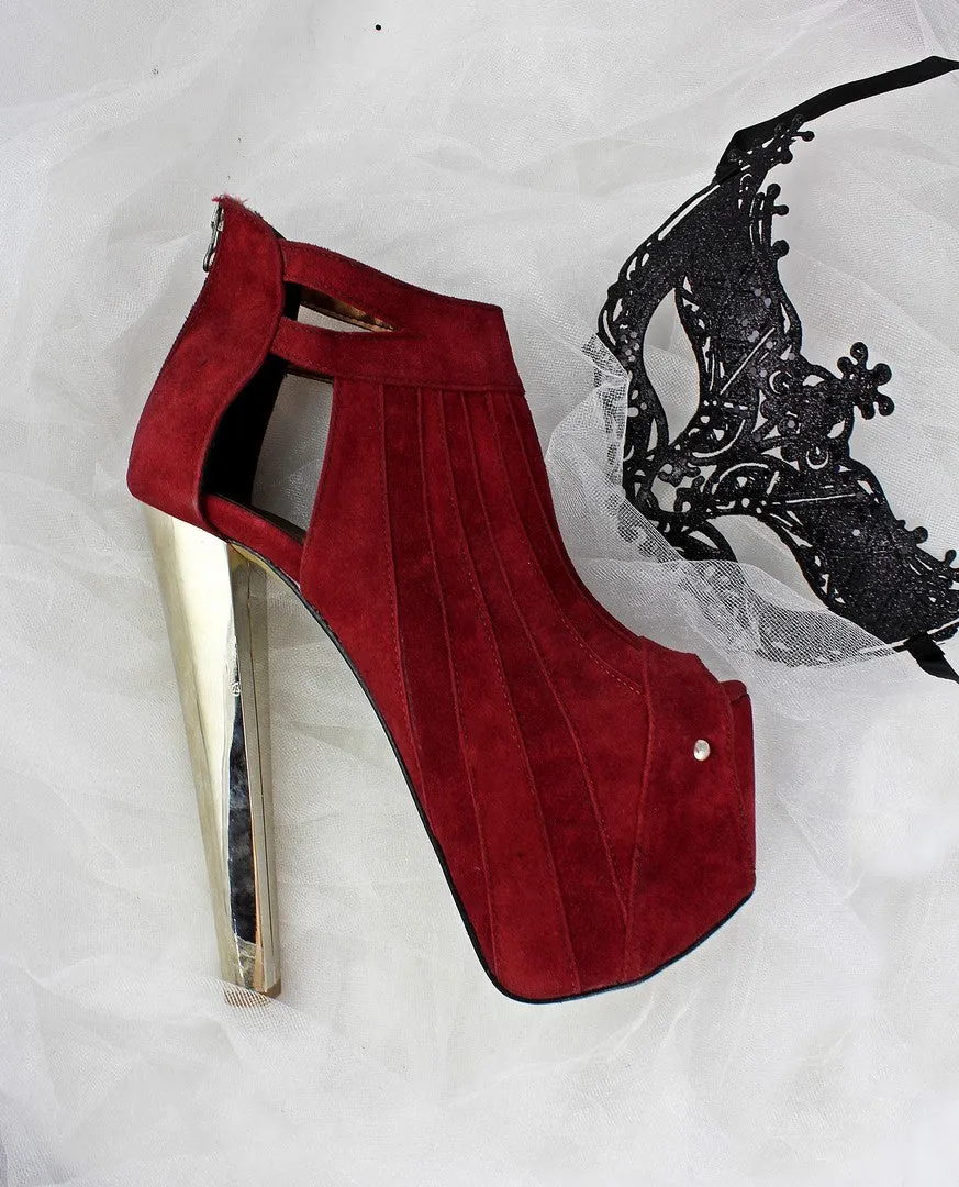 Burgundy Metallic Peep Toe Booties