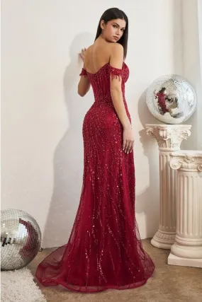 Burgundy Off The Shoulder Sequin Gown