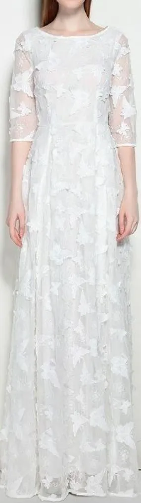 Butterfly-Embroidered Mesh Gown, White