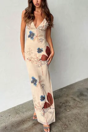 Butterfly Print Backless Slit Dress