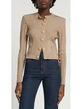 Button Embellished Knitted Cardigan in Beige