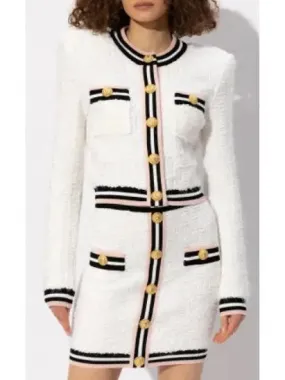 Button-Embellished White Boucle Tweed Cardigan Sweater