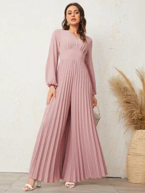 Button Front Lantern Sleeve Pleated Jumpsuit