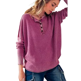 Button Up Thermal Contrast Trim Waffle Knit Top - Berry