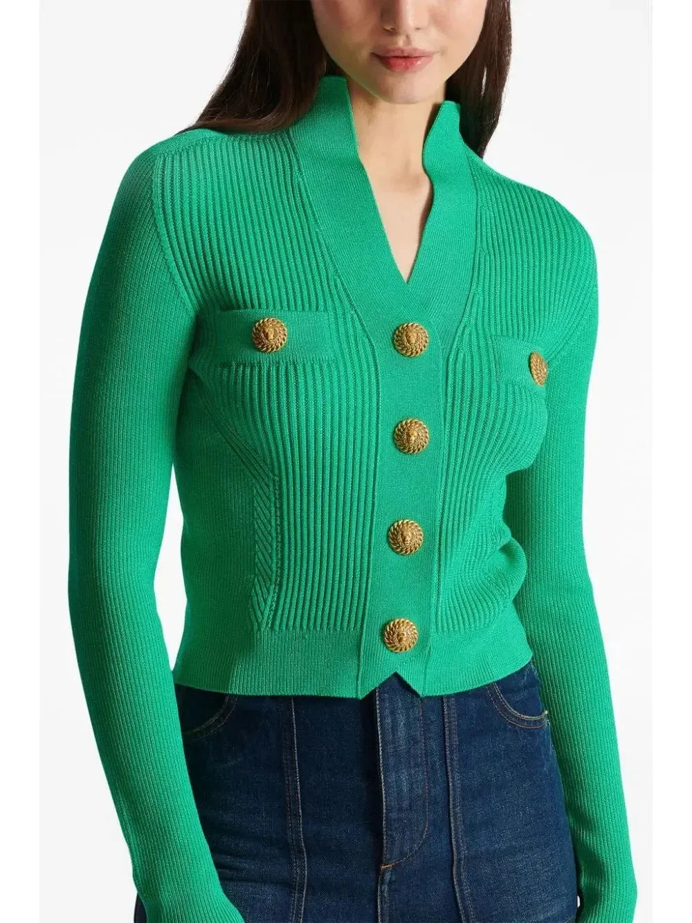 Buttoned Ribbed-Knit Cardigan in Green