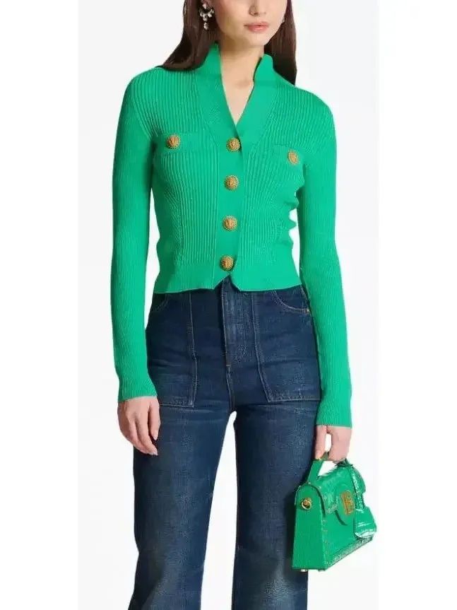 Buttoned Ribbed-Knit Cardigan in Green