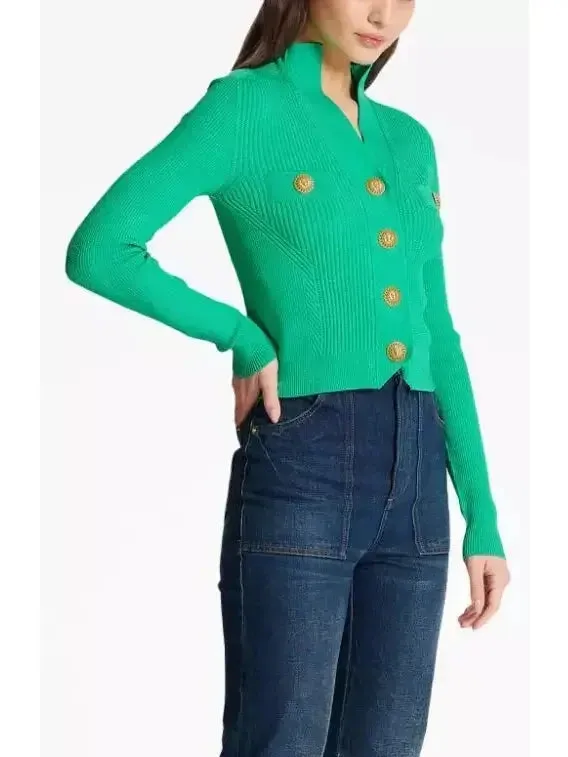 Buttoned Ribbed-Knit Cardigan in Green