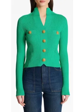 Buttoned Ribbed-Knit Cardigan in Green